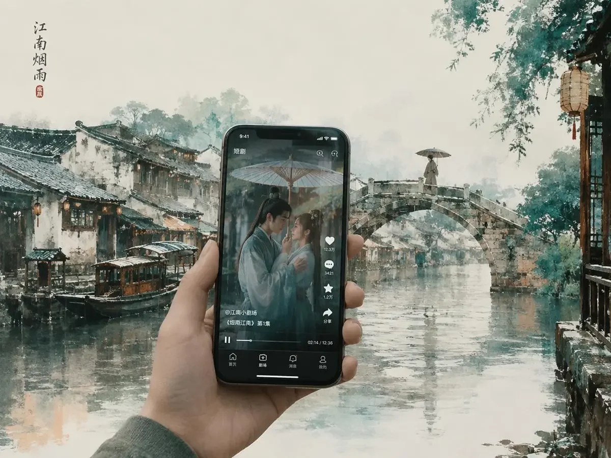 黄果短剧成人 官方 APP 界面 黄果短剧成人 APP 界面与江南雨巷场景,手机竖屏播放短剧