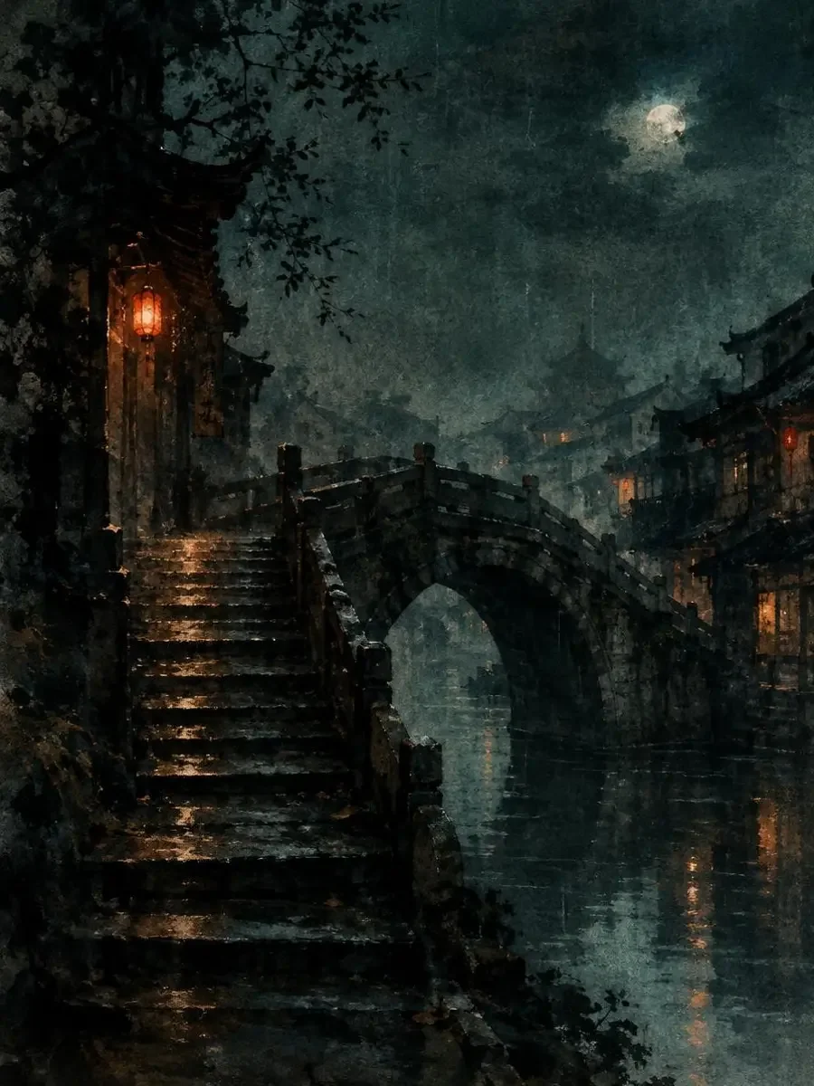 石桥第七阶 短剧封面 石桥第七阶:夜雨中泛着微光的古镇石阶
