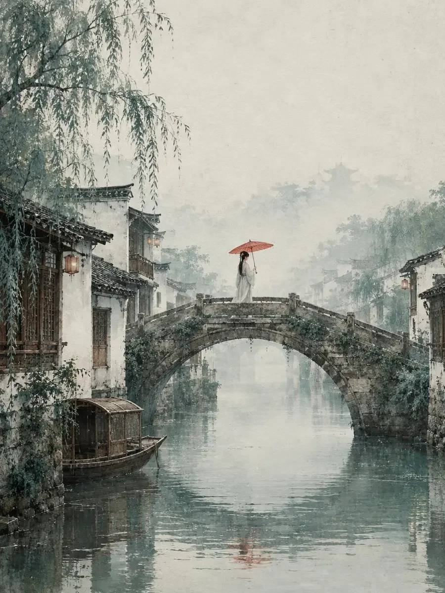 桥南的纸伞 短剧封面 桥南的纸伞:细雨石桥上撑红纸伞的修伞姑娘