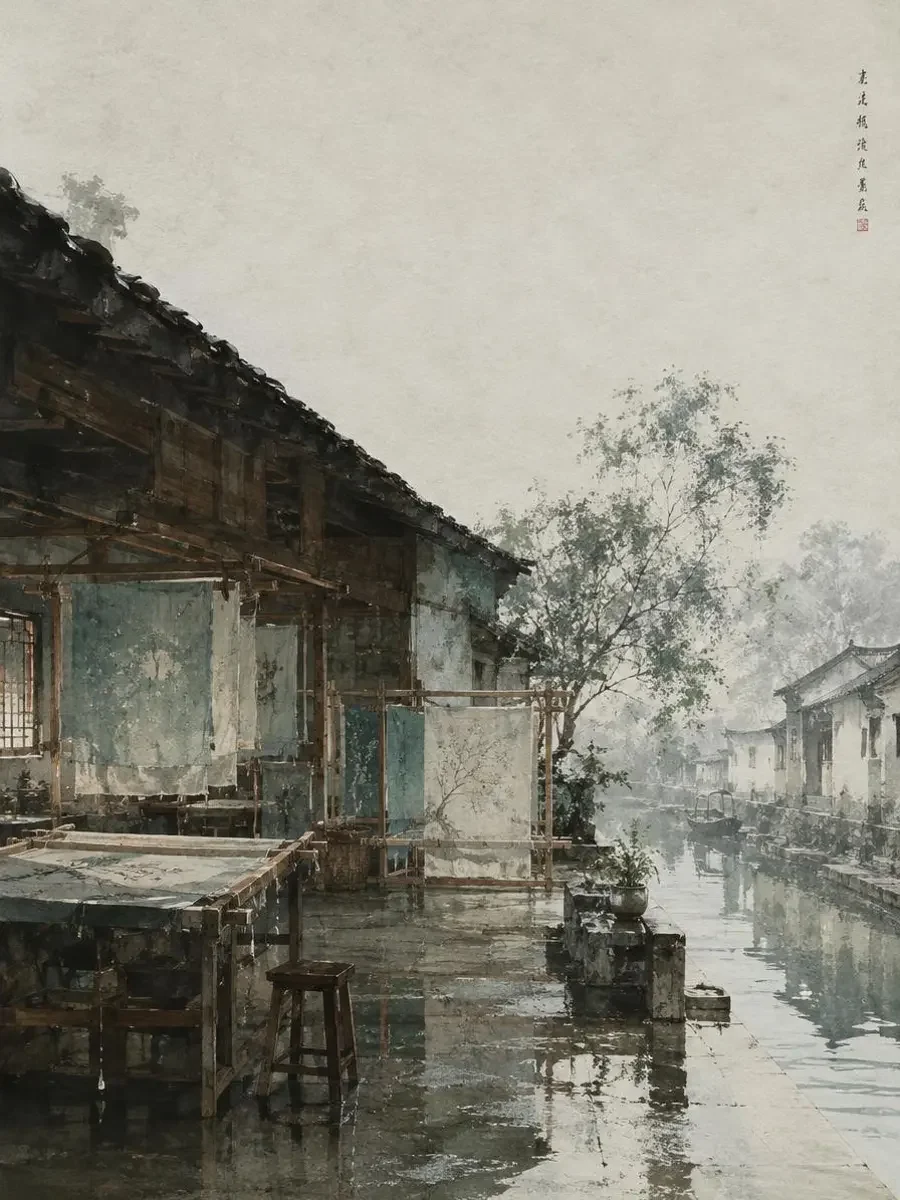 饮雨绣坊 短剧封面 饮雨绣坊:水巷边挂满绣架的老绣坊