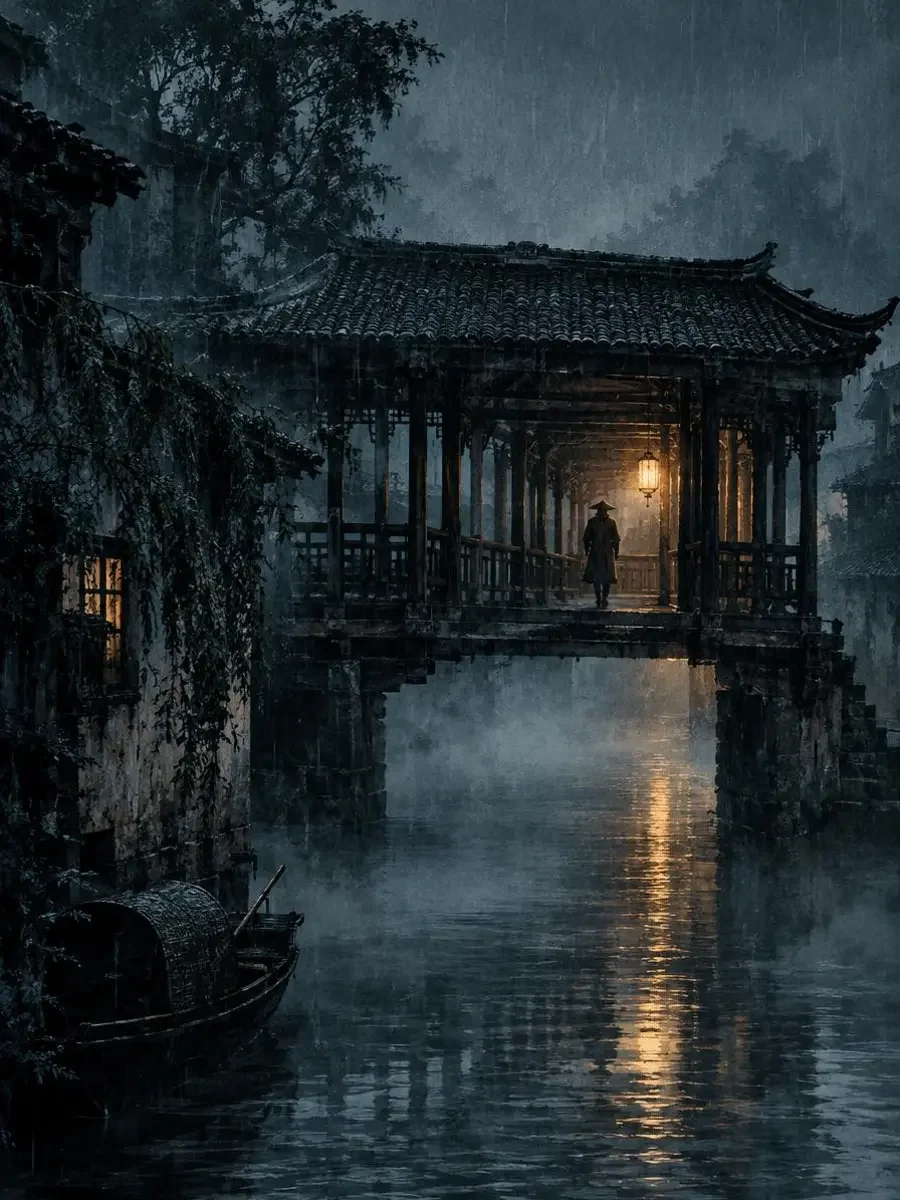 雨夜廊桥 短剧封面 雨夜廊桥:雨幕中廊桥尽头一盏孤灯