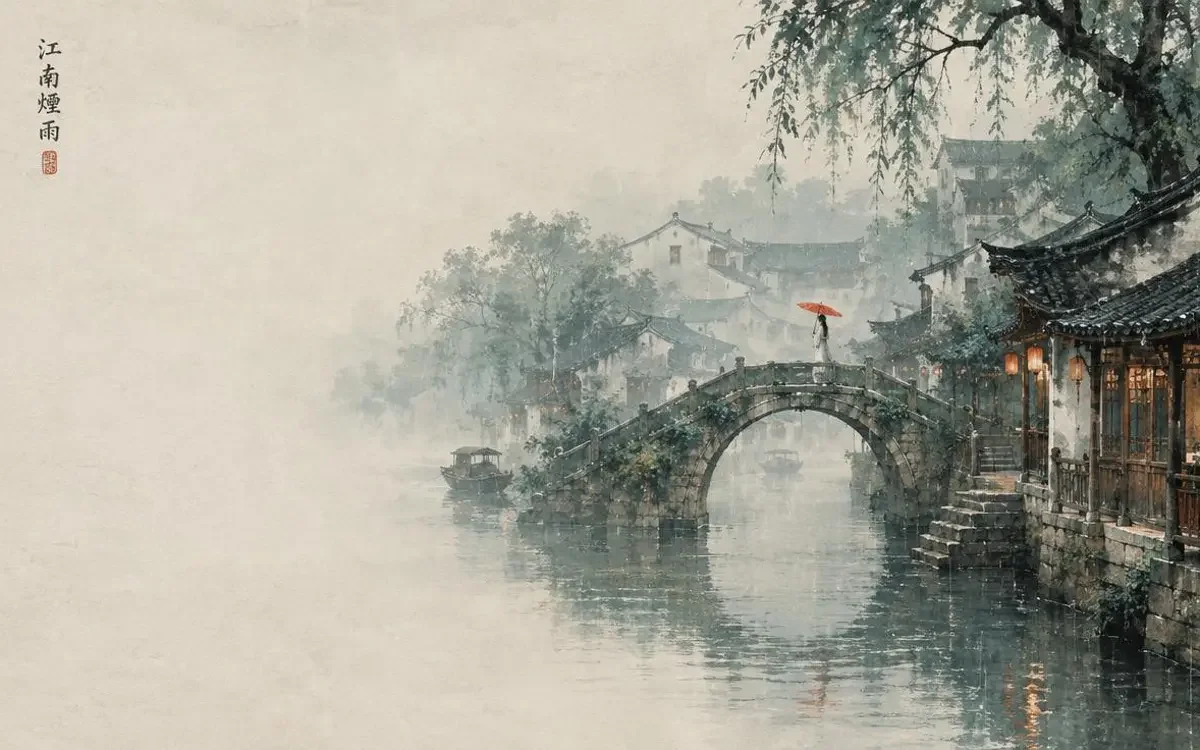 桥南的纸伞 短剧海报 桥南的纸伞:细雨中石桥上撑着红纸伞的修伞姑娘
